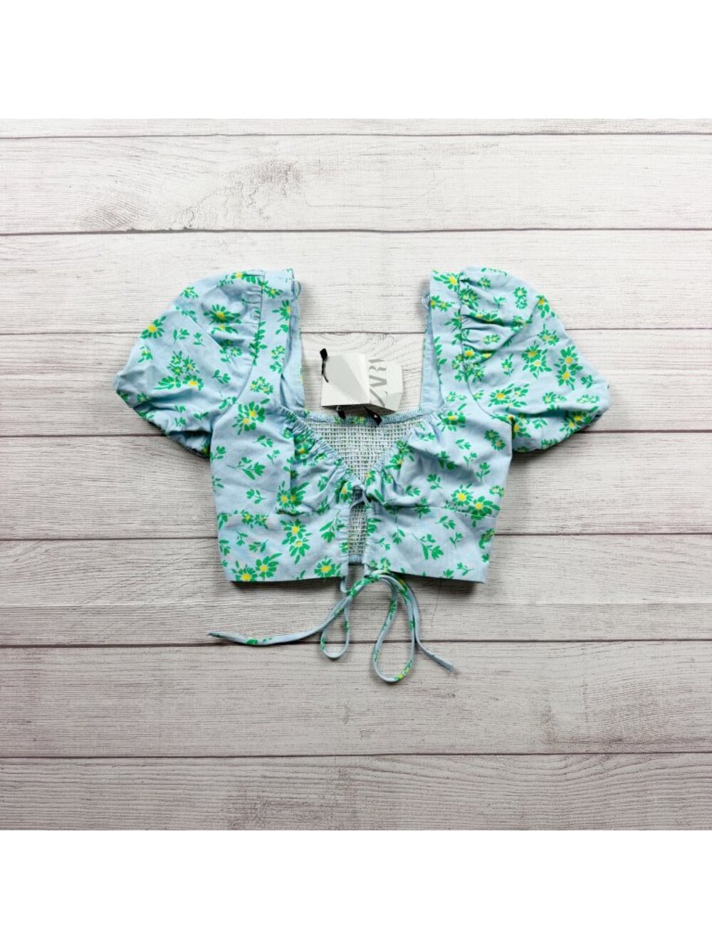 Zara Women's Blue Floral Crop Top Keyhole Tie Puff Sleeve NWT XS